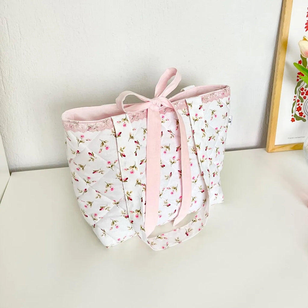 Coquette Bow Tote Bag Valentine's Day Gift Medium Quilted Shoulder Bag with Lace