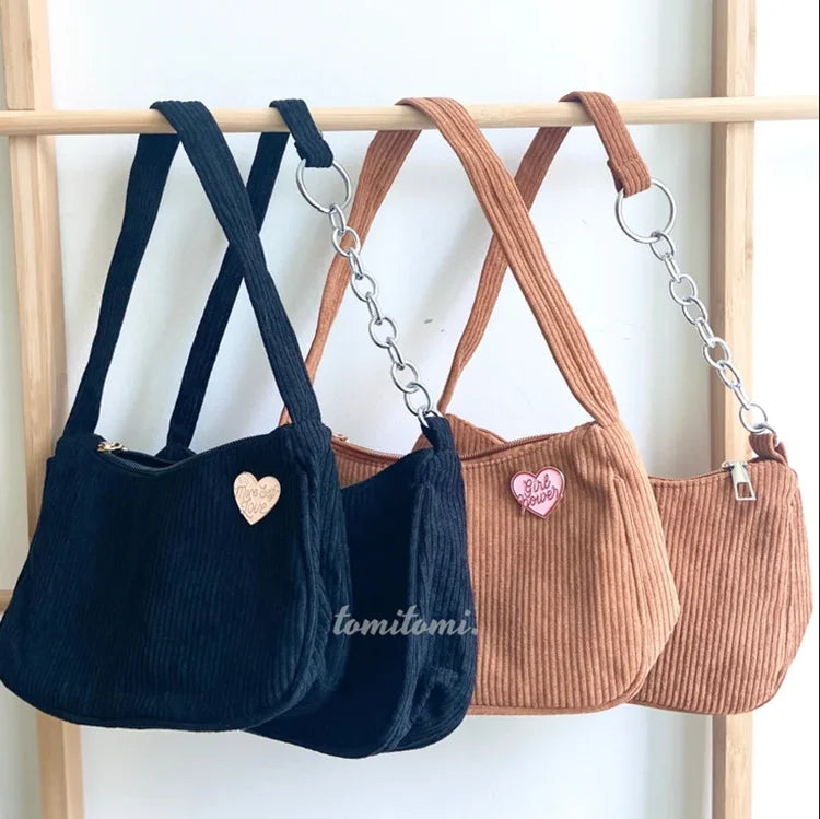Corduroy Hobo Tote Bag Trendy Zippers Shoulder Bag Handmade Shopping Purse Bag