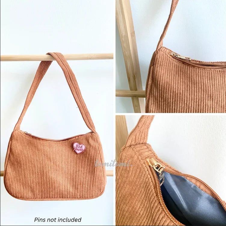Corduroy Hobo Tote Bag Trendy Zippers Shoulder Bag Handmade Shopping Purse Bag