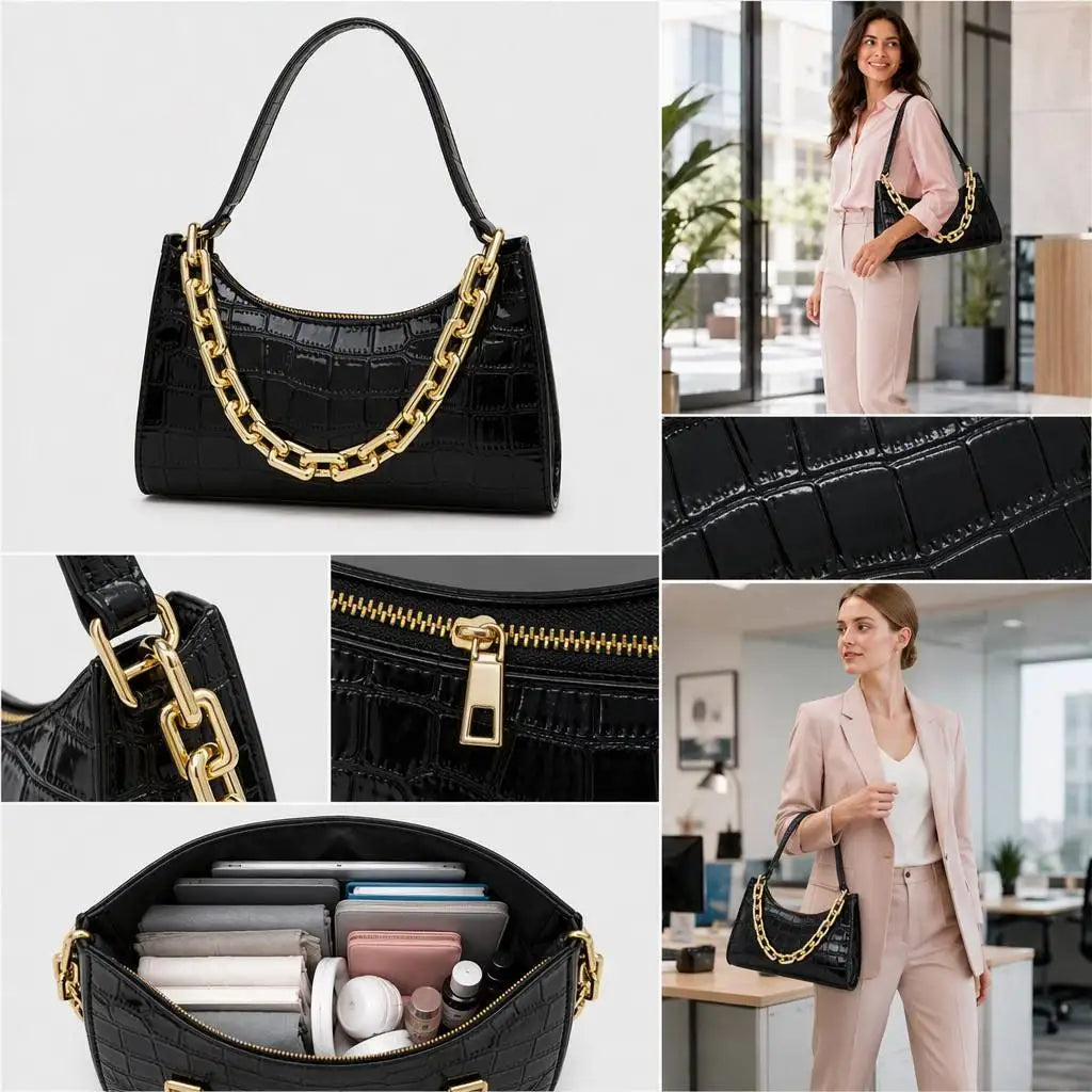 Croc Embossed Bag, Gold Chain + Gold Zipper Shoulder Bag, Multi-Color Options, Custom Logo OEM/ODM Factory Supply