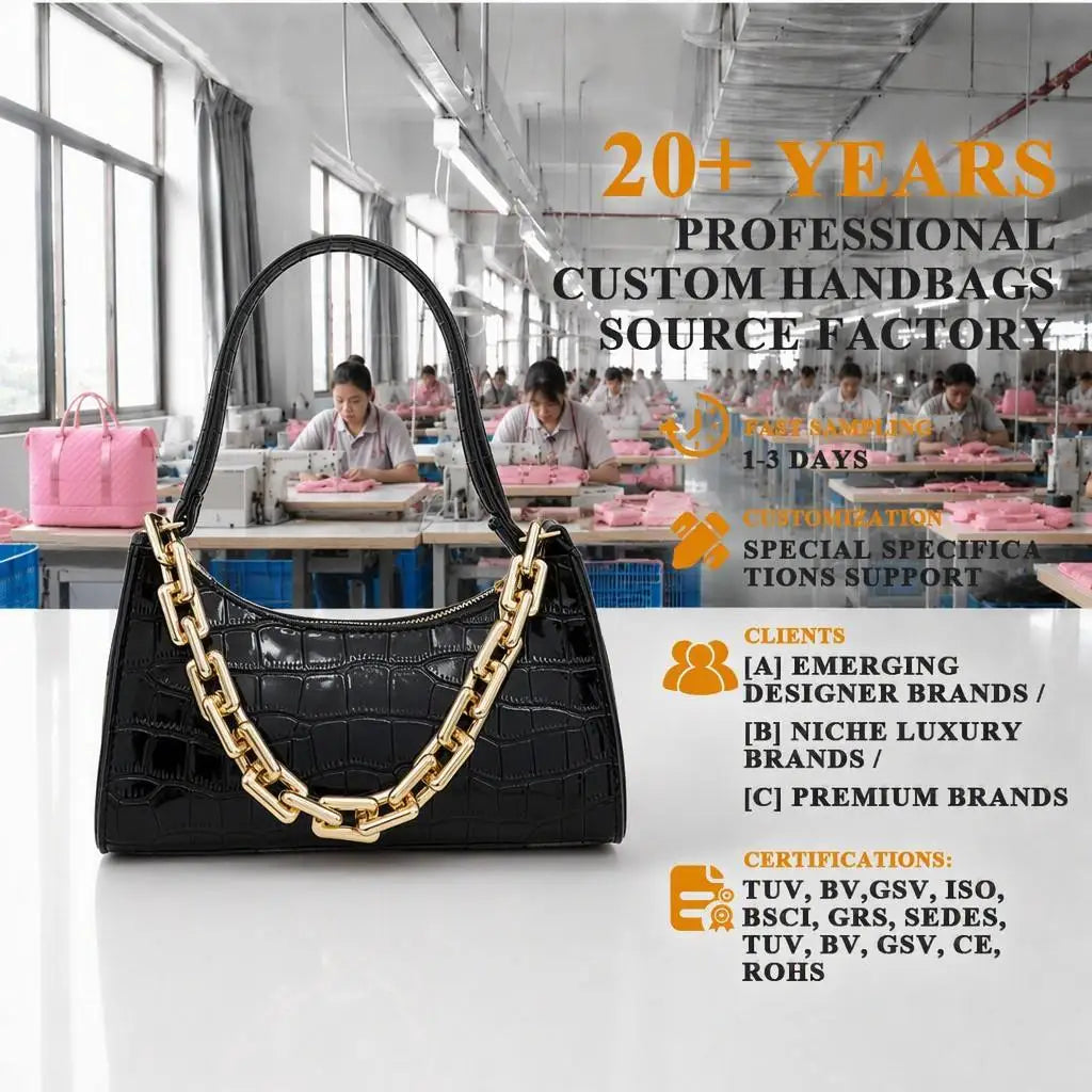 Croc Embossed Bag, Gold Chain + Gold Zipper Shoulder Bag, Multi-Color Options, Custom Logo OEM/ODM Factory Supply