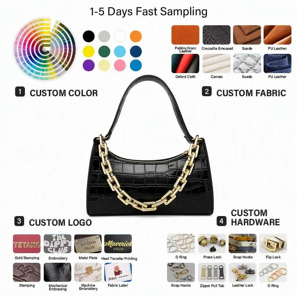 Croc Embossed Bag, Gold Chain + Gold Zipper Shoulder Bag, Multi-Color Options, Custom Logo OEM/ODM Factory Supply