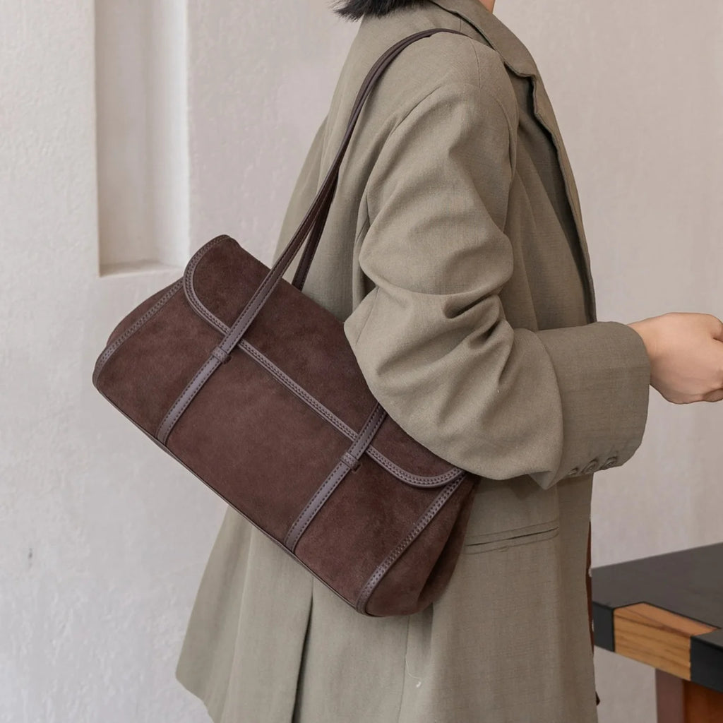 Cross Border Sales of Suede Bags Retro Style Nubuck Cowhide Women's Shoulder Bags Underarm Bags Genuine Leather Bags for Women
