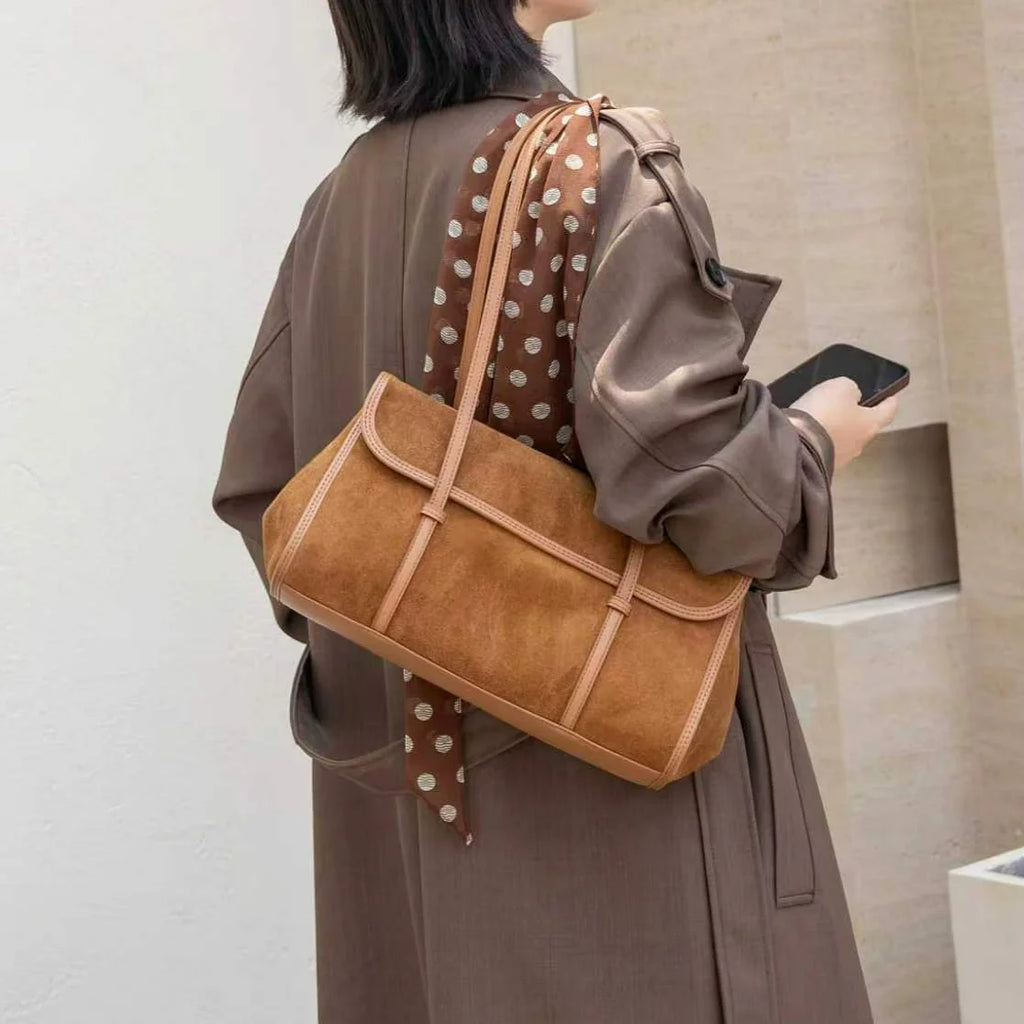 Cross Border Sales of Suede Bags Retro Style Nubuck Cowhide Women's Shoulder Bags Underarm Bags Genuine Leather Bags for Women