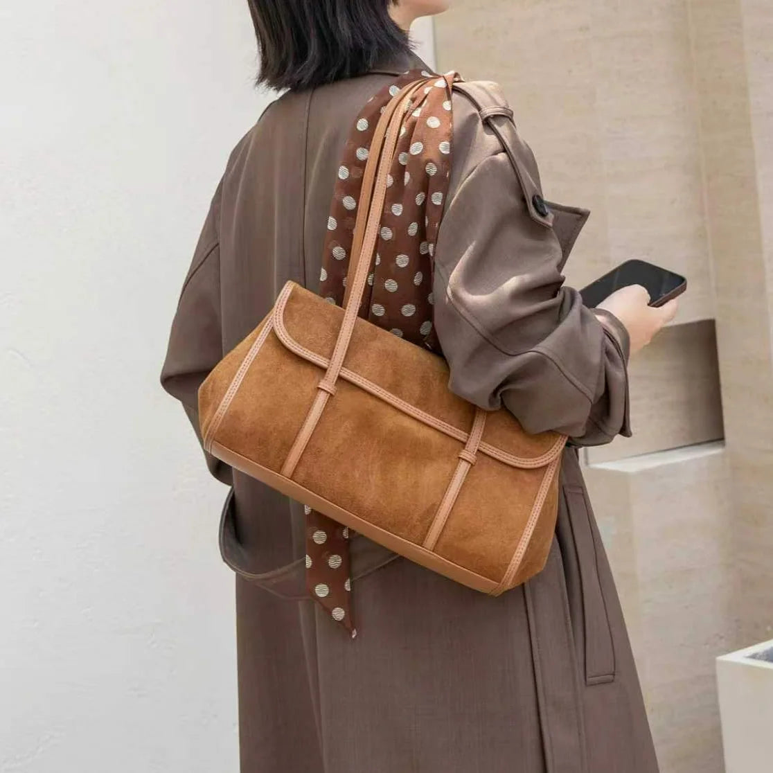 Cross Border Sales of Suede Bags Retro Style Nubuck Cowhide Women's Shoulder Bags Underarm Bags Genuine Leather Bags for Women