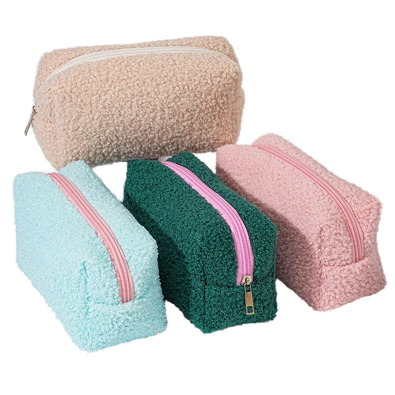 Custom Color Sherpa Fleece Cosmetic Pouch Teddy Fabric Makeup Storage Bag Zipper Closure OEM Bulk Order