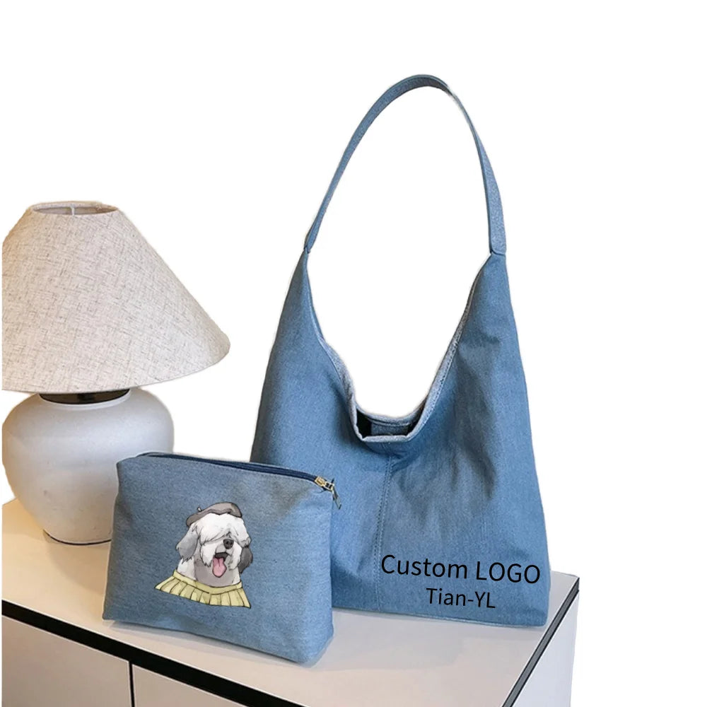 Custom Denim Style Hobo Shoulder Bag Snap Closure Soft Twill Fabric Oversized Women's Bag OEM