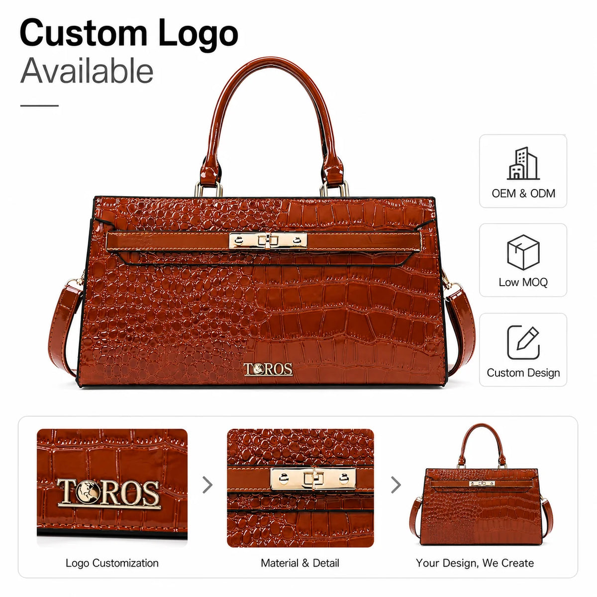 Custom Embossed PU Top Shoulder Bag Zip-Top Detachable Strap Gold Hardware Women's Work OEM