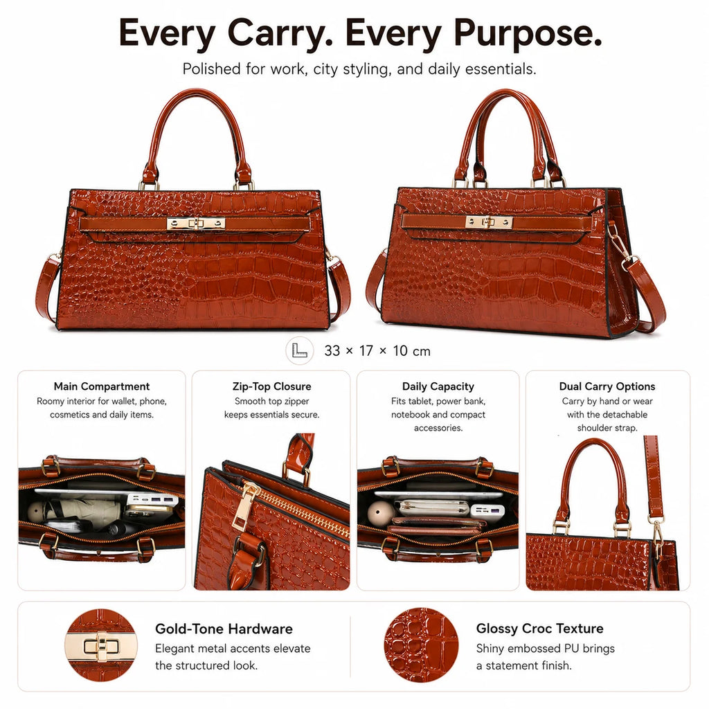 Custom Embossed PU Top Shoulder Bag Zip-Top Detachable Strap Gold Hardware Women's Work OEM