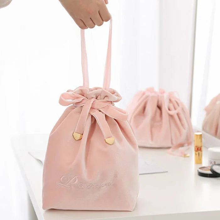 Custom Embroidered Logo Multiple Sizes Pink Velvet Cosmetic Promotional Drawstring Bag