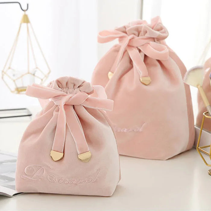 Custom Embroidered Logo Multiple Sizes Pink Velvet Cosmetic Promotional Drawstring Bag