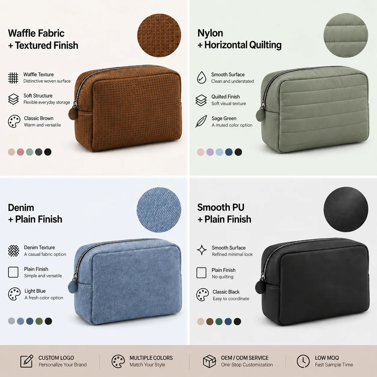 Custom Embroidered Waffle Cosmetic Bag Women Travel Makeup Pouch Soft Handle Water Resistant OEM Custom Makeup Bag