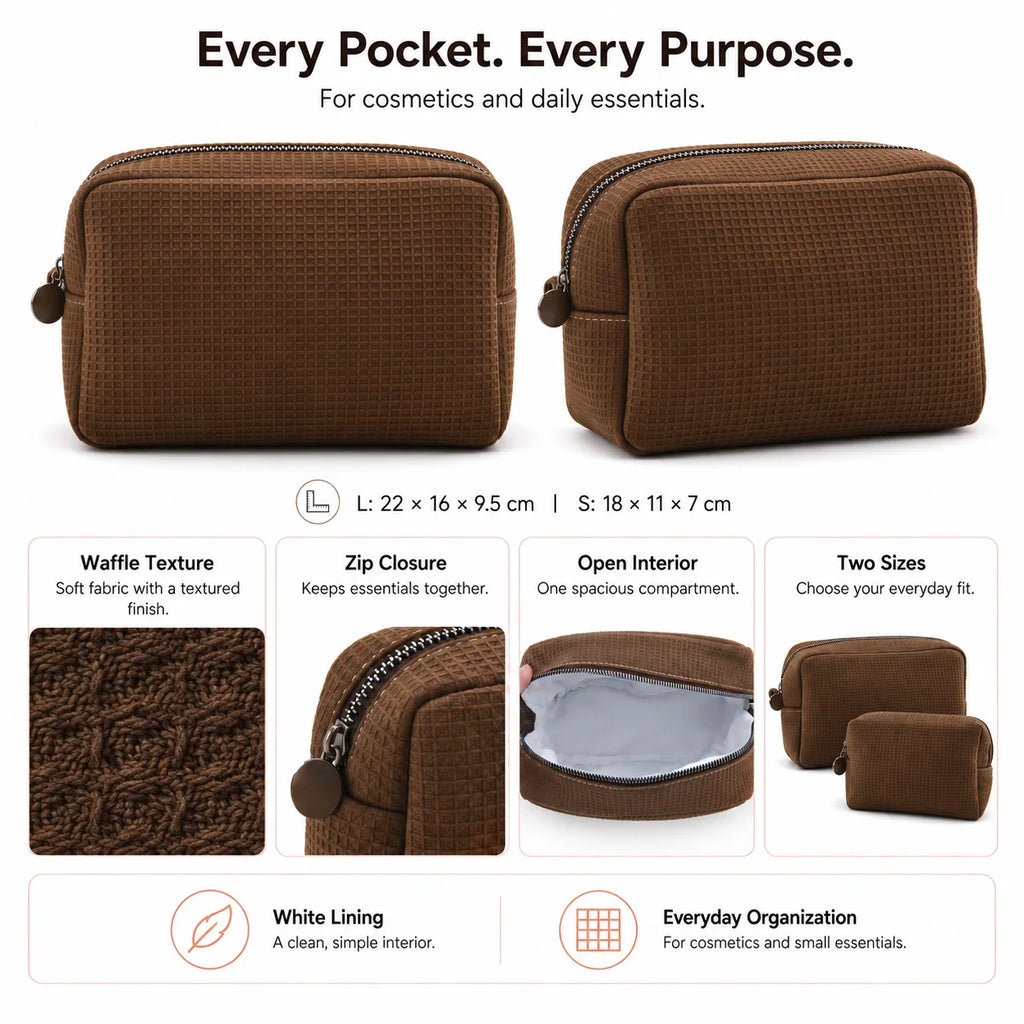 Custom Embroidered Waffle Cosmetic Bag Women Travel Makeup Pouch Soft Handle Water Resistant OEM Custom Makeup Bag