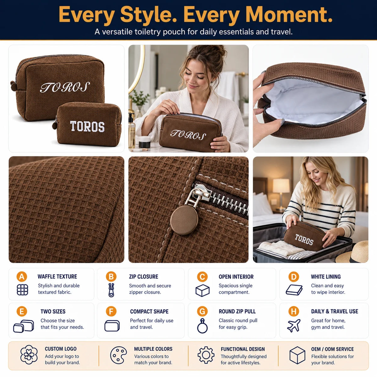 Custom Embroidered Waffle Cosmetic Bag Women Travel Makeup Pouch Soft Handle Water Resistant OEM Custom Makeup Bag