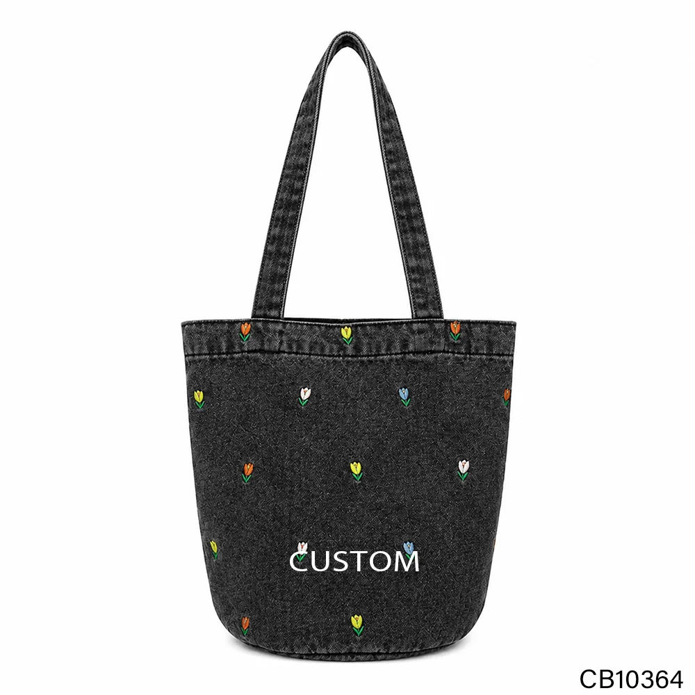 Custom Embroidery Denim Bucket Tote Bag Canvas Material Double Strap Open Top Shoulder Handbag OEM Bulk Order