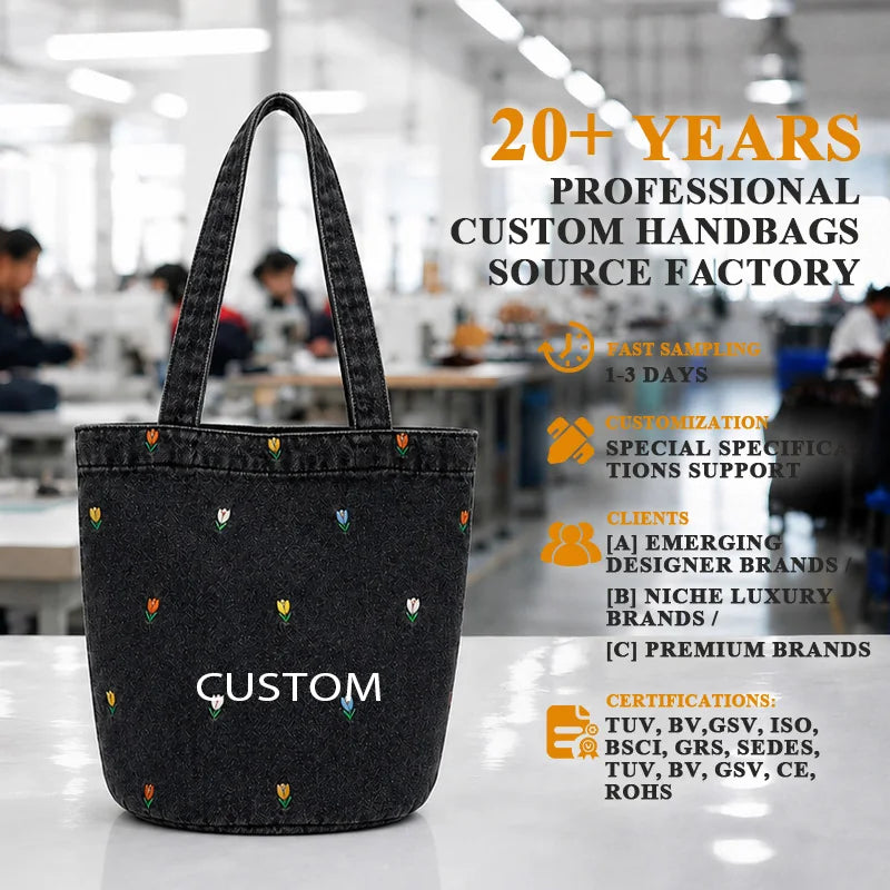 Custom Embroidery Denim Bucket Tote Bag Canvas Material Double Strap Open Top Shoulder Handbag OEM Bulk Order