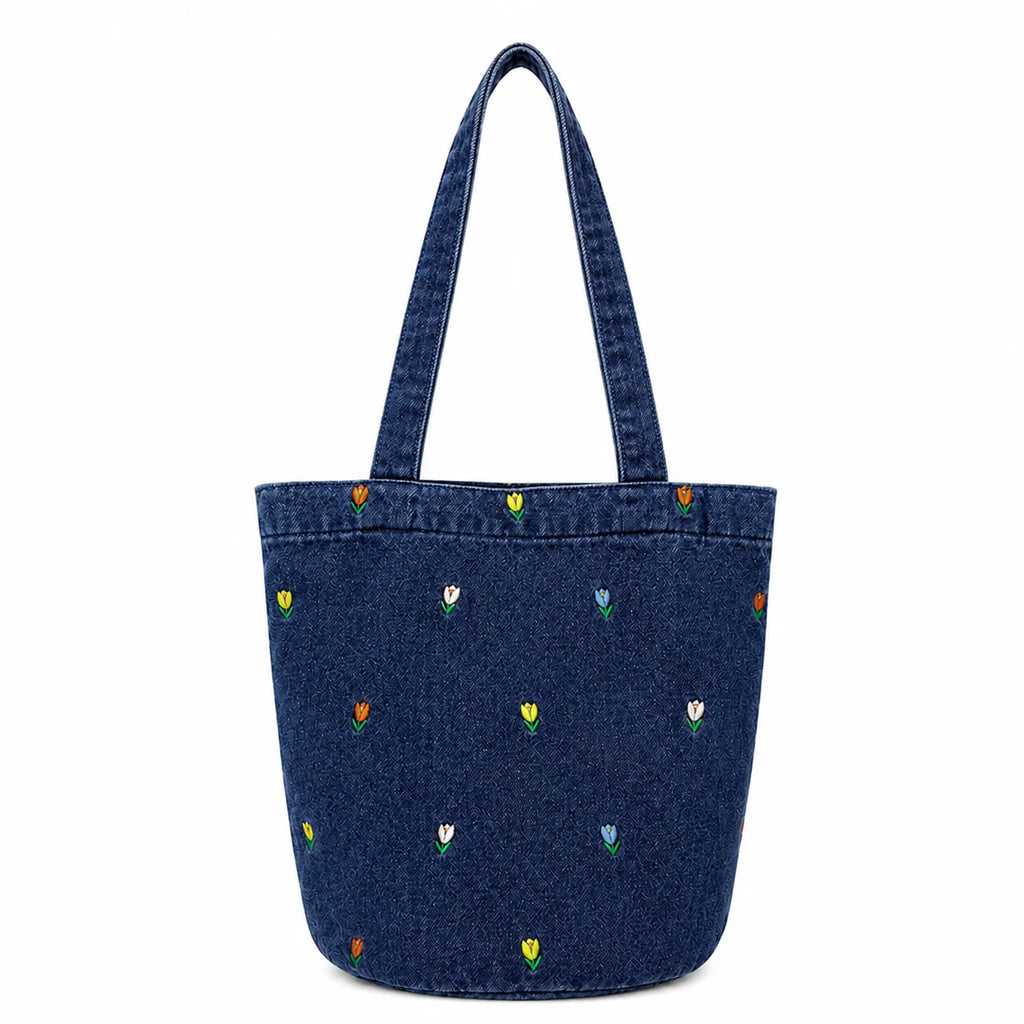 Custom Embroidery Denim Bucket Tote Bag Canvas Material Double Strap Open Top Shoulder Handbag OEM Bulk Order