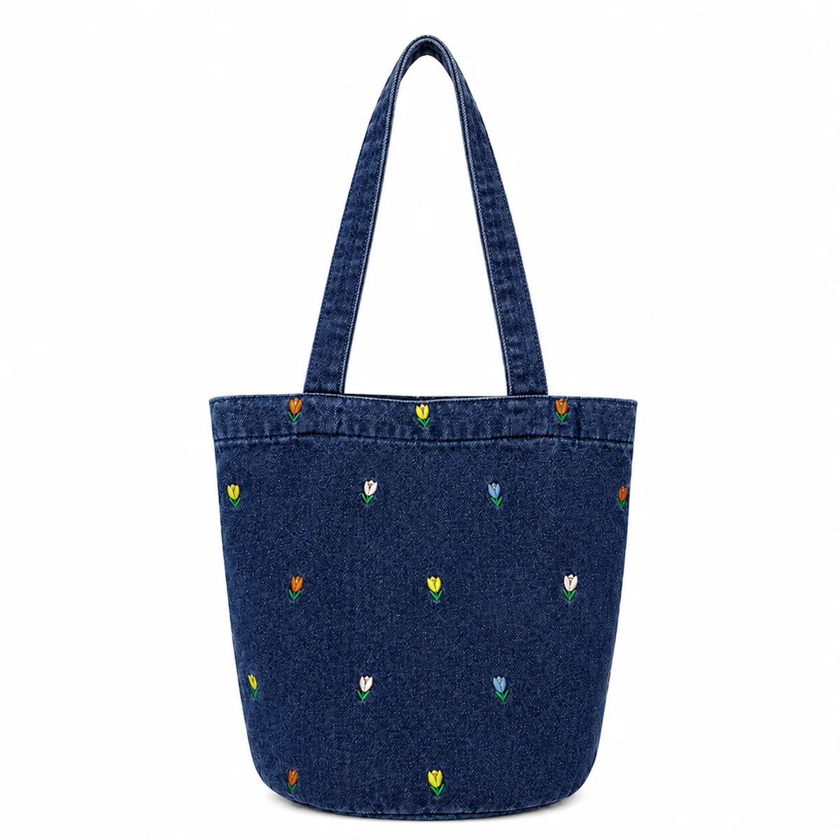 Custom Embroidery Denim Bucket Tote Bag Canvas Material Double Strap Open Top Shoulder Handbag OEM Bulk Order