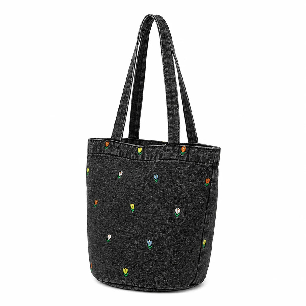 Custom Embroidery Denim Bucket Tote Bag Canvas Material Double Strap Open Top Shoulder Handbag OEM Bulk Order