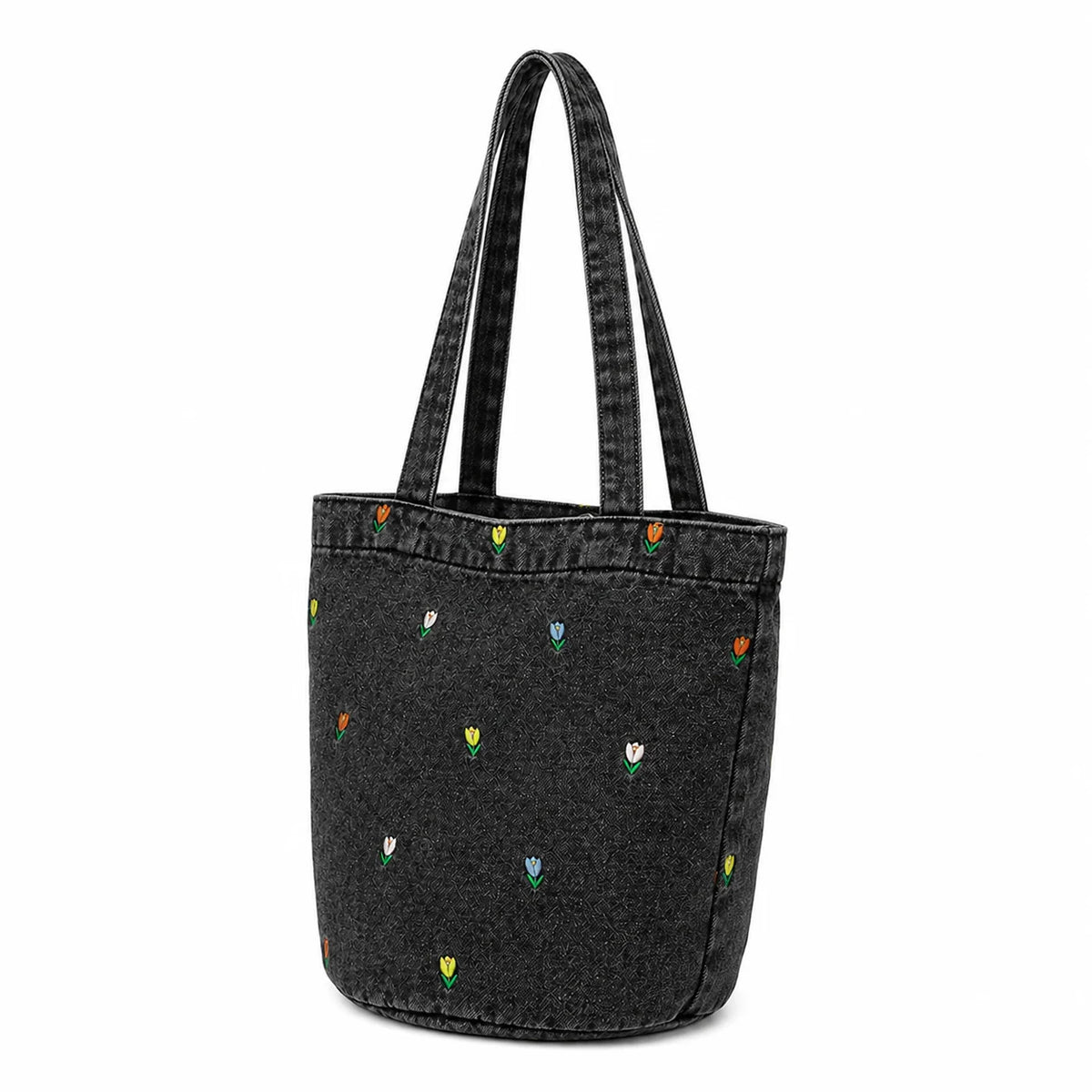 Custom Embroidery Denim Bucket Tote Bag Canvas Material Double Strap Open Top Shoulder Handbag OEM Bulk Order