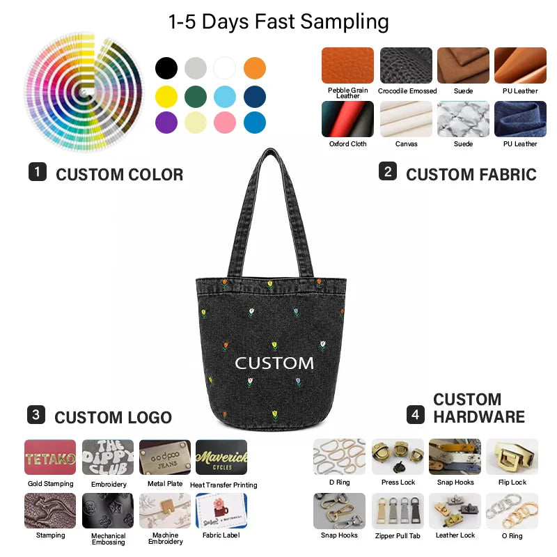 Custom Embroidery Denim Bucket Tote Bag Canvas Material Double Strap Open Top Shoulder Handbag OEM Bulk Order