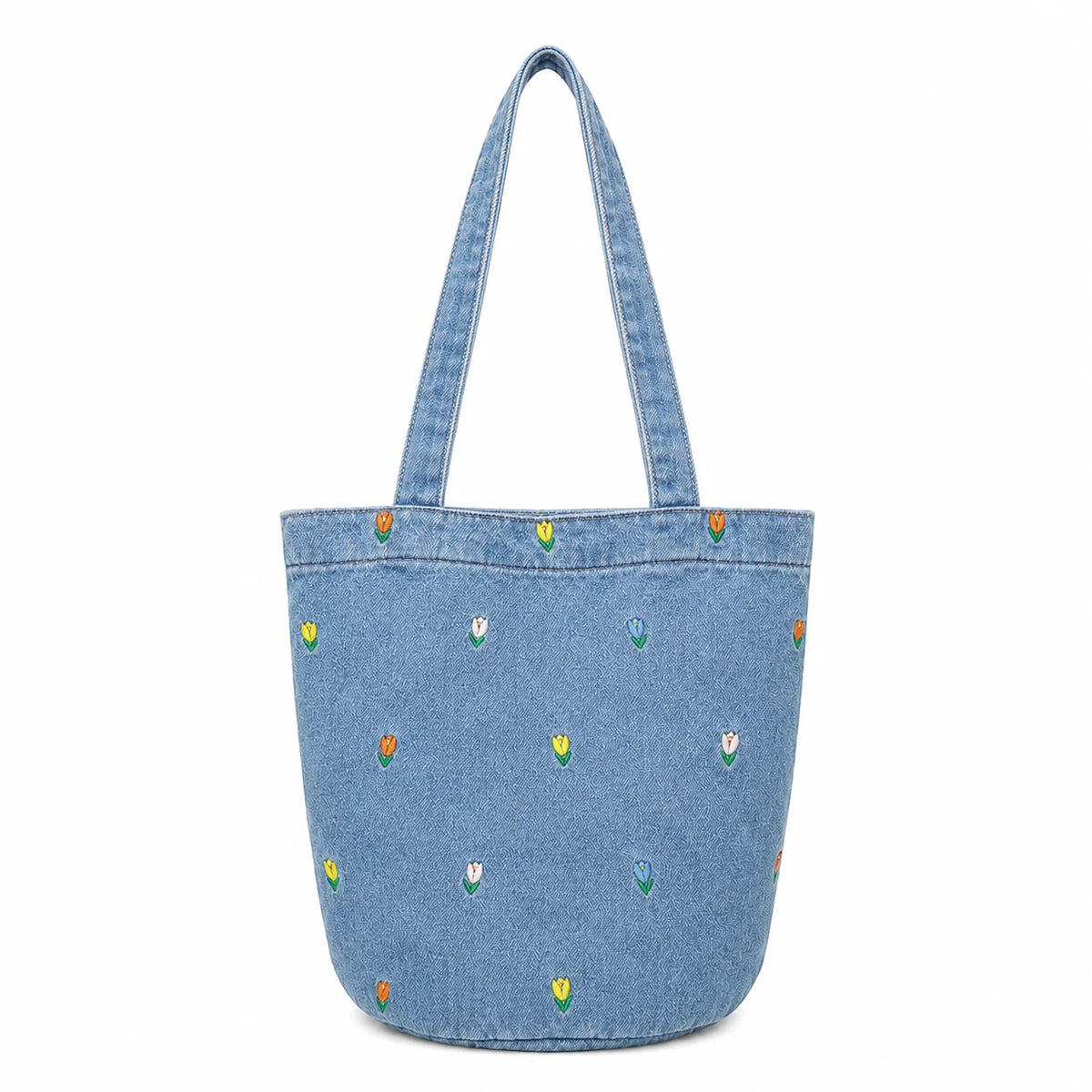Custom Embroidery Denim Bucket Tote Bag Canvas Material Double Strap Open Top Shoulder Handbag OEM Bulk Order