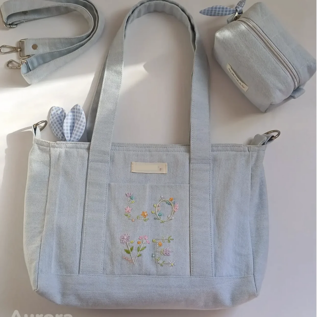Custom Embroidery Denim Tote Bag with Pockets Lined College Bags Light Blue Everyday Shopping Bag