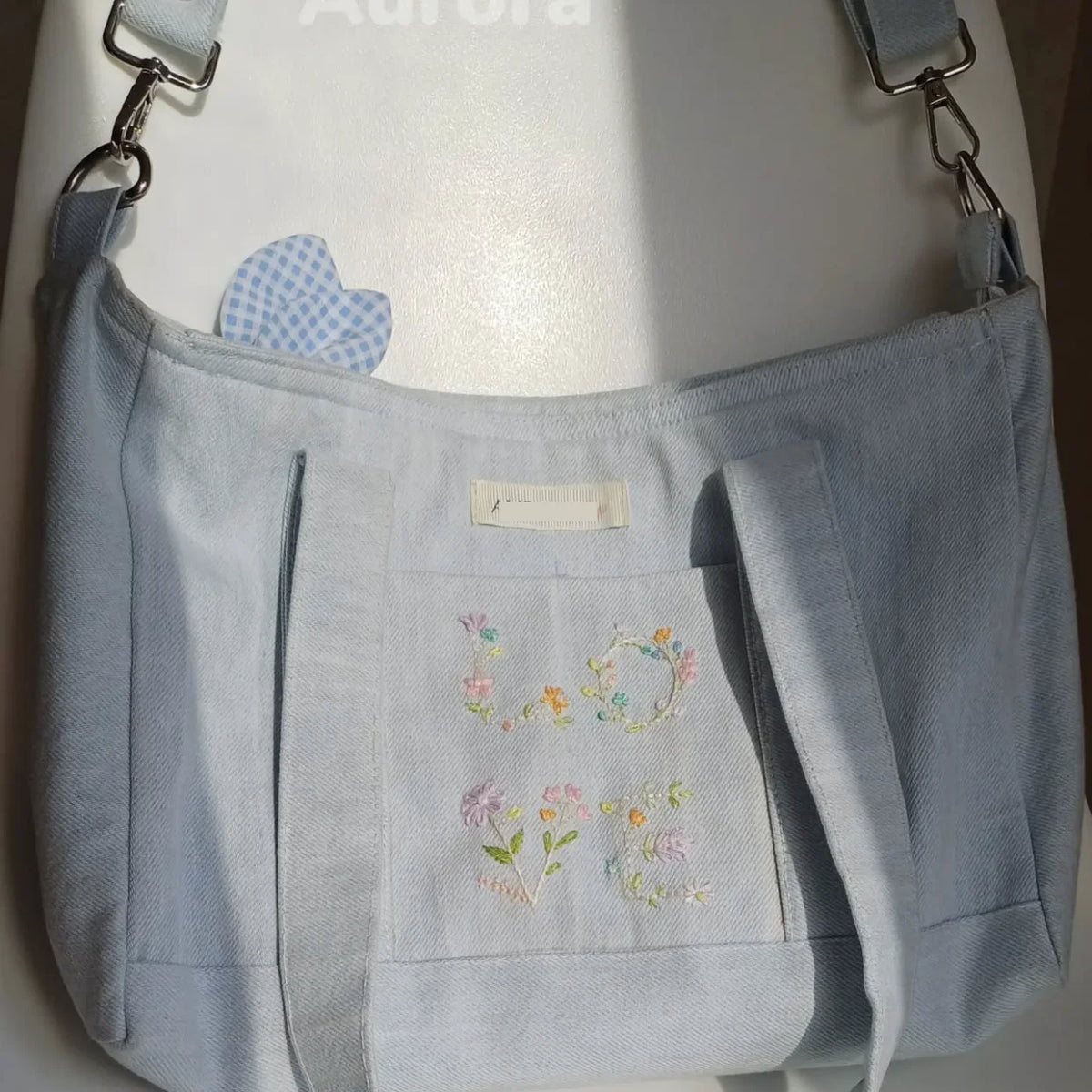 Custom Embroidery Denim Tote Bag with Pockets Lined College Bags Light Blue Everyday Shopping Bag