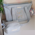 Custom Embroidery Denim Tote Bag with Pockets Lined College Bags Light Blue Everyday Shopping Bag