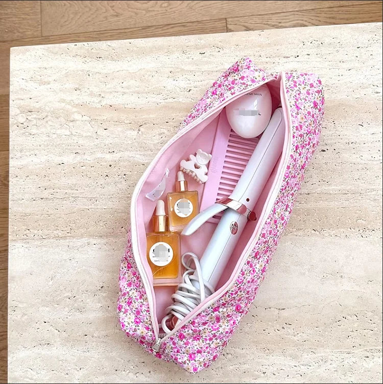 Custom Floral Hair Tool Bag Handmade Soft Cotton Pencil Case Machine Washable Quilted Makeup Travel Bag