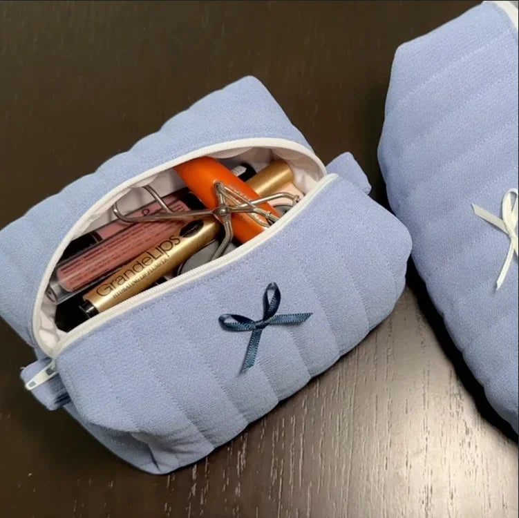 Custom Handmade Bow Makeup Bag Cotton Quilted Makeup Bag Personalized Plain Travel Toiletry Bag for Women