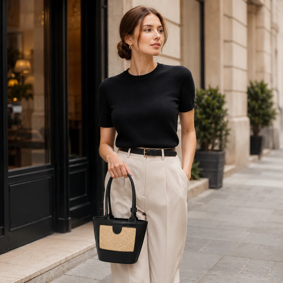 Custom Leather Straw Panel Tote Bag Women Mixed Material Woven Raffia Inlay Bucket Handbag Summer Shoulder Bag OEM Factory