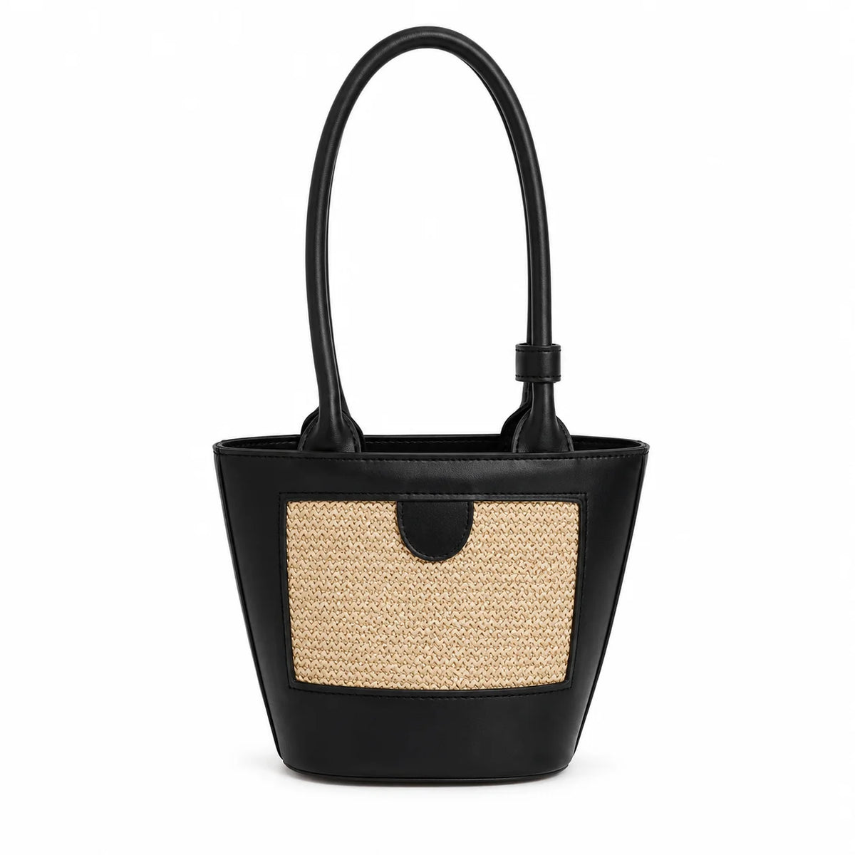 Custom Leather Straw Panel Tote Bag Women Mixed Material Woven Raffia Inlay Bucket Handbag Summer Shoulder Bag OEM Factory