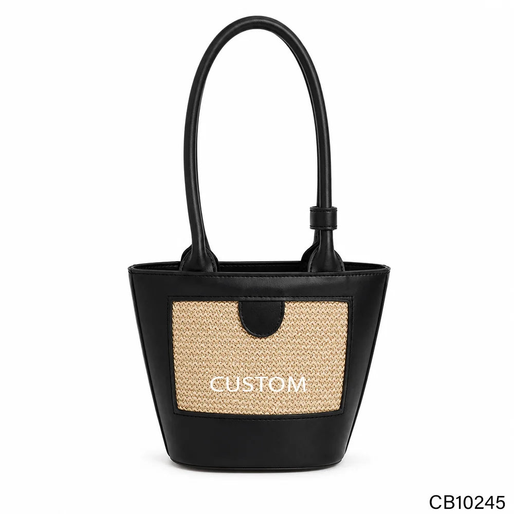 Custom Leather Straw Panel Tote Bag Women Mixed Material Woven Raffia Inlay Bucket Handbag Summer Shoulder Bag OEM Factory