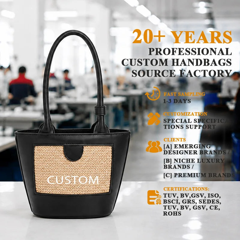 Custom Leather Straw Panel Tote Bag Women Mixed Material Woven Raffia Inlay Bucket Handbag Summer Shoulder Bag OEM Factory