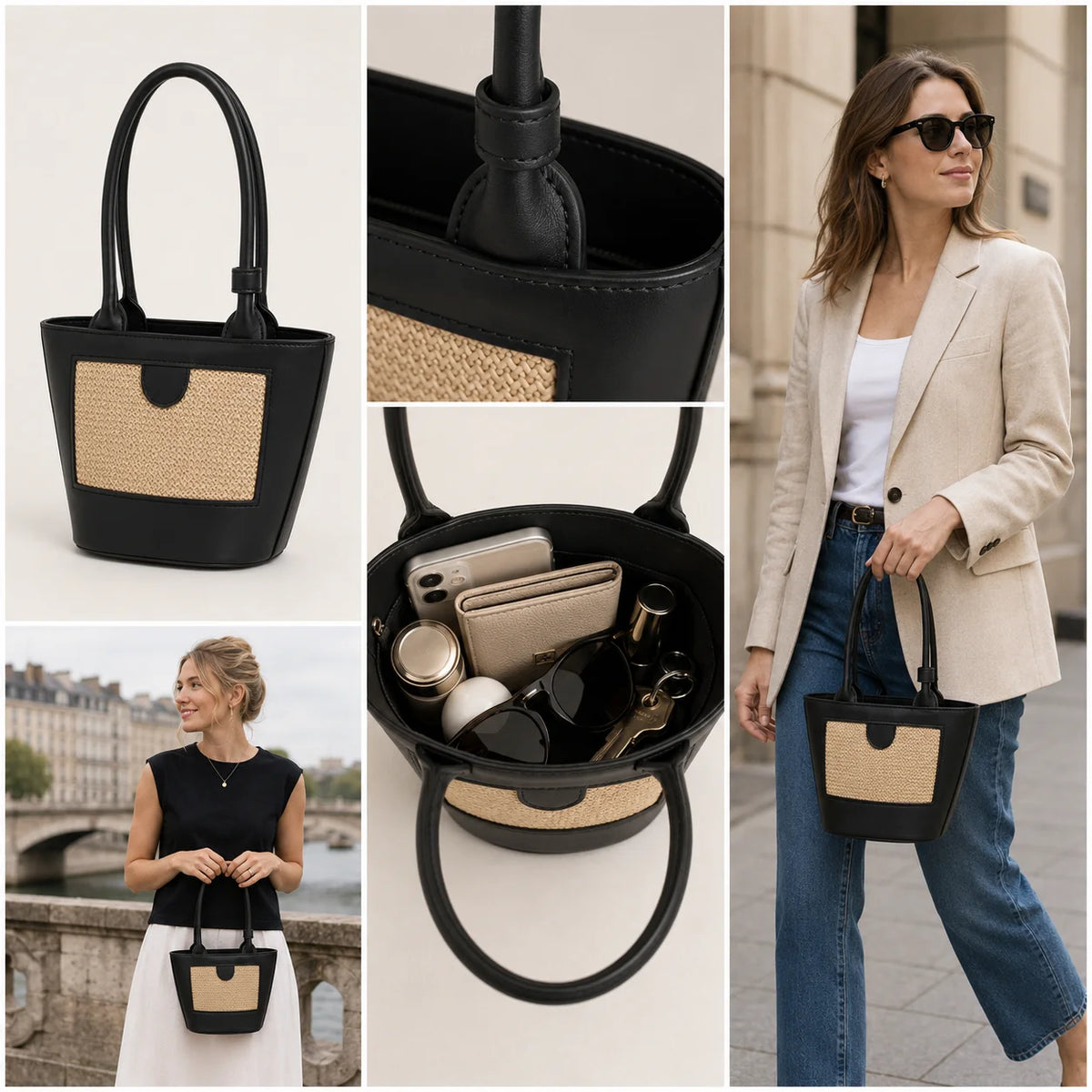Custom Leather Straw Panel Tote Bag Women Mixed Material Woven Raffia Inlay Bucket Handbag Summer Shoulder Bag OEM Factory