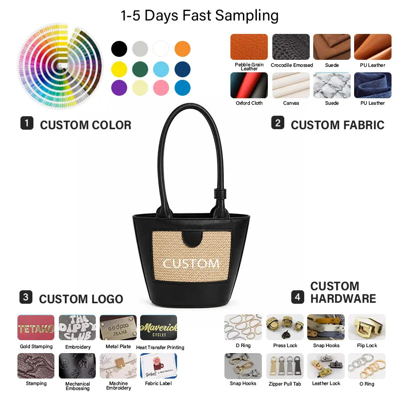 Custom Leather Straw Panel Tote Bag Women Mixed Material Woven Raffia Inlay Bucket Handbag Summer Shoulder Bag OEM Factory