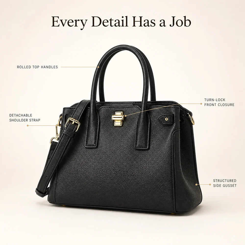 Custom Logo Black Pebbled Satchel Bag OEM ODM Detachable Shoulder Strap Turn Lock Rolled Handles Structured Gusset Handbag