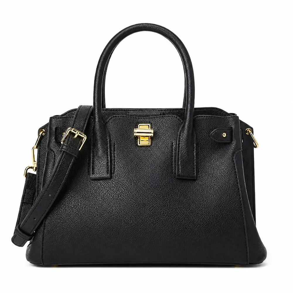 Custom Logo Black Pebbled Satchel Bag OEM ODM Detachable Shoulder Strap Turn Lock Rolled Handles Structured Gusset Handbag