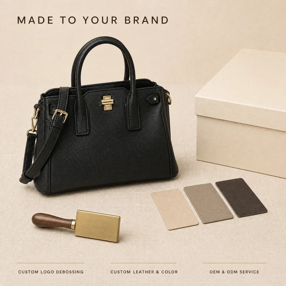 Custom Logo Black Pebbled Satchel Bag OEM ODM Detachable Shoulder Strap Turn Lock Rolled Handles Structured Gusset Handbag