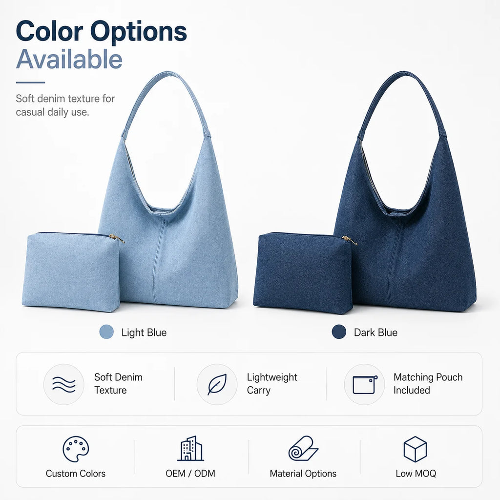 Custom Logo Canvas Hobo Bag and Pouch Matching Set Crescent Shape Wide Shoulder Strap Rectangular Zip Case OEM Bulk