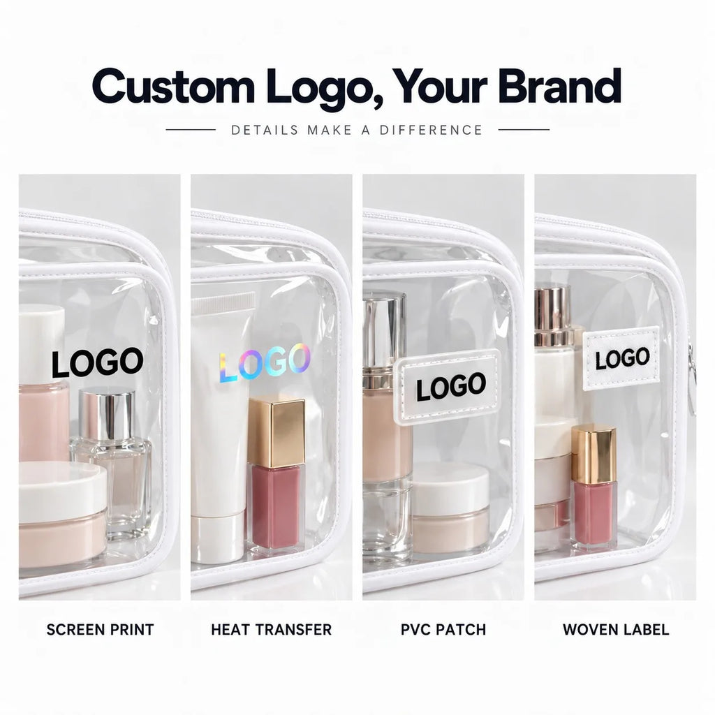 Custom Logo Clear PVC Cosmetic Bag Zipper Wipe Clean Minimalist for Toiletry Pouch Water Resistant Modern for Women Travel