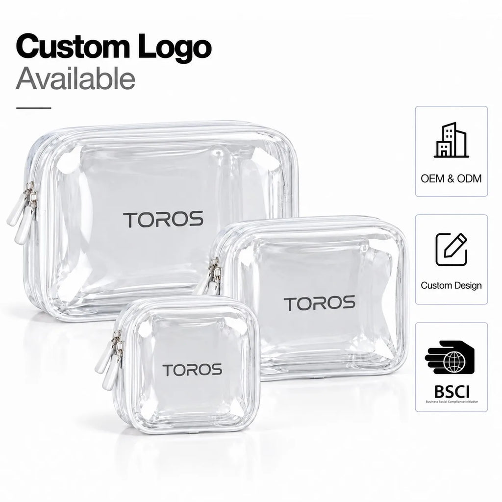 Custom Logo Clear PVC Cosmetic Bag Zipper Wipe Clean Minimalist for Toiletry Pouch Water Resistant Modern for Women Travel