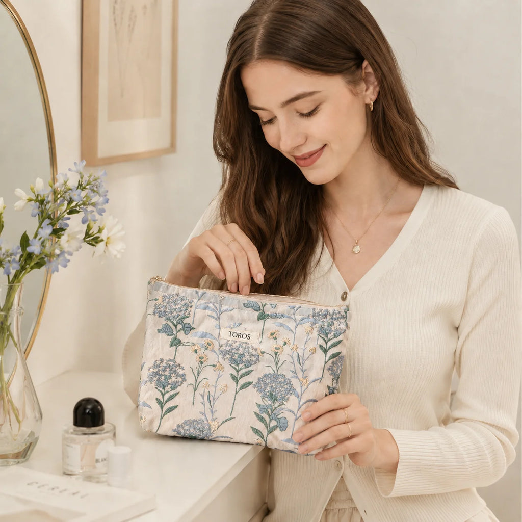Custom Logo Embroidered Cotton Cosmetic Pouch Floral Design Gold Zipper OEM Bulk Order