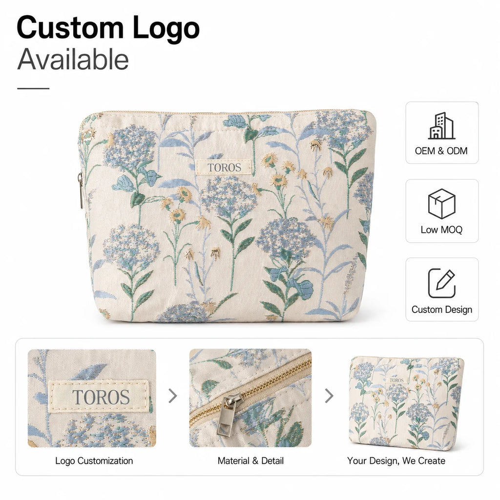 Custom Logo Embroidered Cotton Cosmetic Pouch Floral Design Gold Zipper OEM Bulk Order