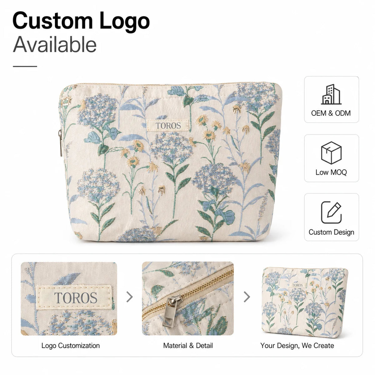 Custom Logo Embroidered Cotton Cosmetic Pouch Floral Design Gold Zipper OEM Bulk Order