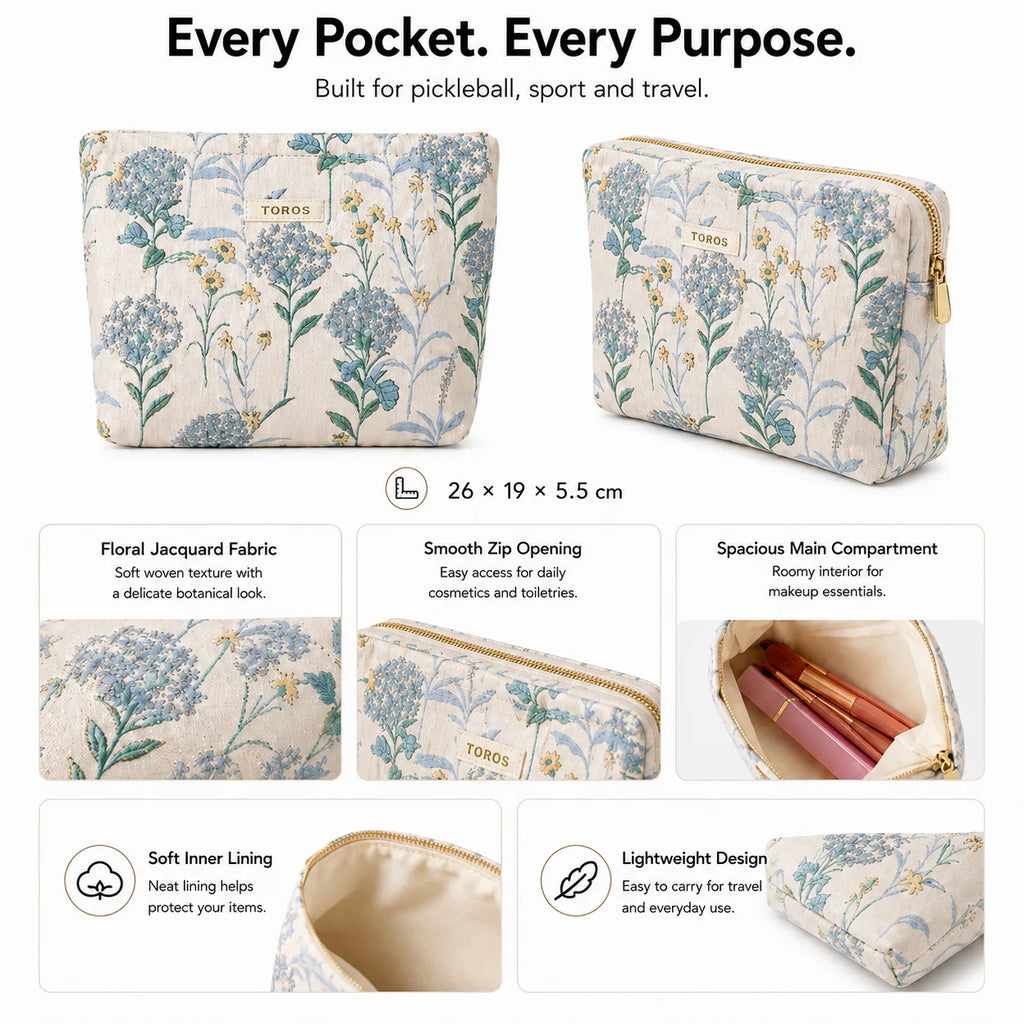 Custom Logo Embroidered Cotton Cosmetic Pouch Floral Design Gold Zipper OEM Bulk Order