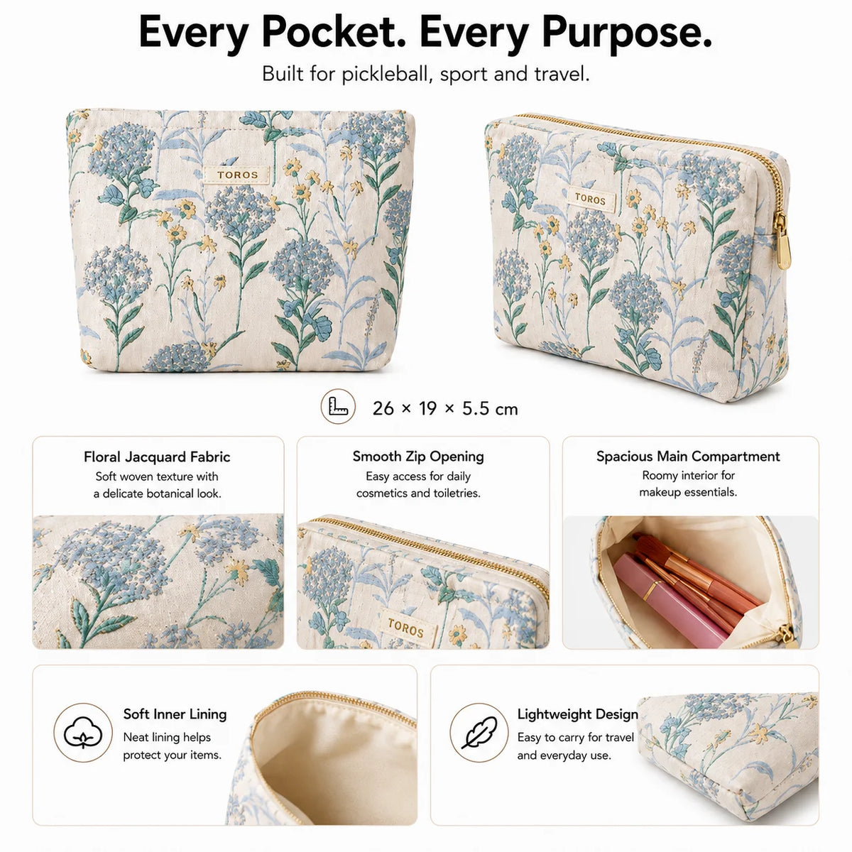 Custom Logo Embroidered Cotton Cosmetic Pouch Floral Design Gold Zipper OEM Bulk Order