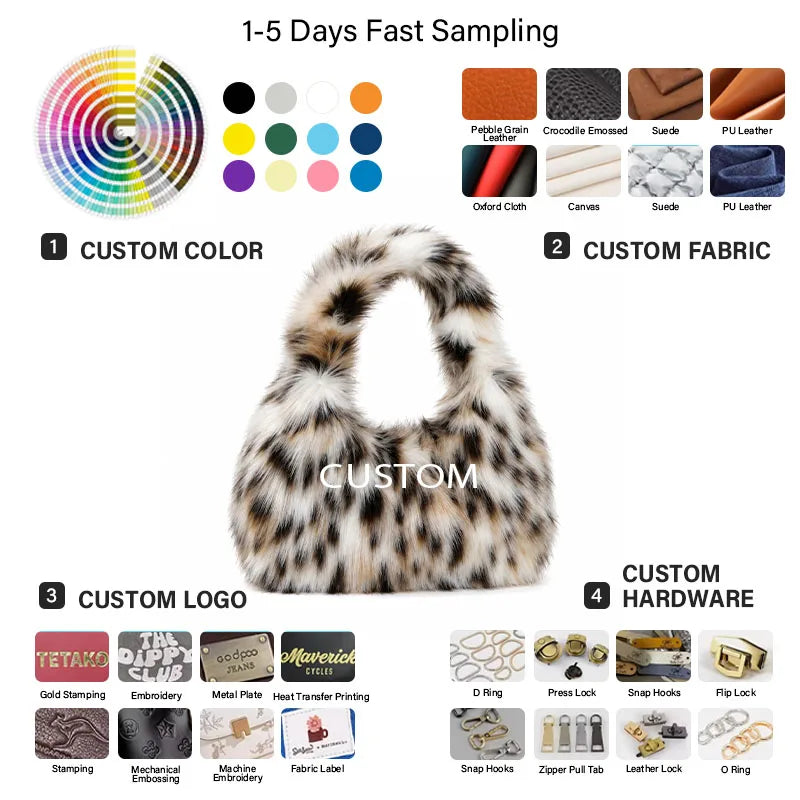 Custom Logo Faux Fur Women's Shoulder Bag Winter Plush Underarm Tote Handbag Soft Fluffy Ladies Purse Wholesale Hobo OEM ODM