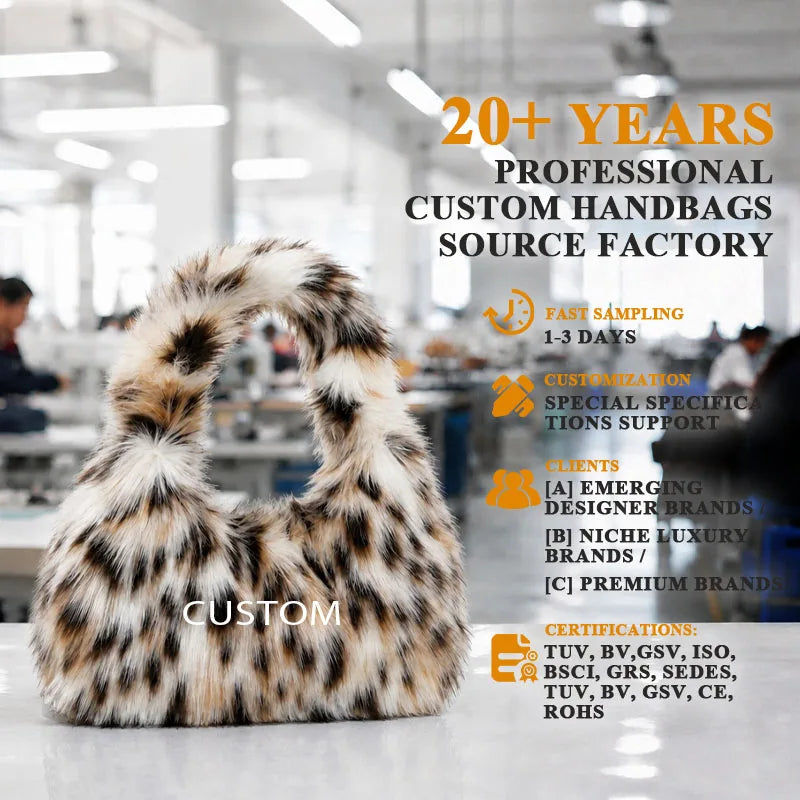 Custom Logo Faux Fur Women's Shoulder Bag Winter Plush Underarm Tote Handbag Soft Fluffy Ladies Purse Wholesale Hobo OEM ODM
